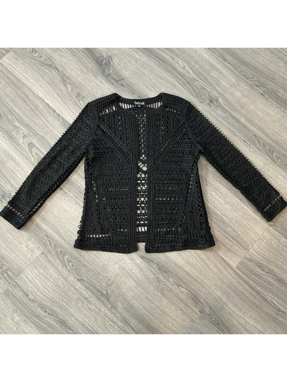 Berek Sweater Cardigan Womens S Black Open Knit Crochet Coastal Boho Lightweight